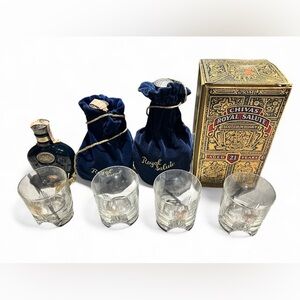 VTG 80s Chivas Royal Salute 21 Years Scotch Whisky Empty Blue Bottles w/Glasses